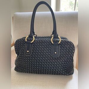 Antonio Melani Black Intrecciato Genuine Leather Satchel Handbag Gold Hardware